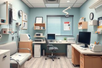 Háziorvosi rendelő belső tér, modern orvosi eszközökkel.