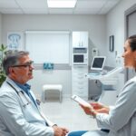 Háziorvosi vizsgálat egy magánrendelőben, orvos és beteg interakciója.