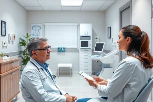 Háziorvosi vizsgálat egy magánrendelőben, orvos és beteg interakciója.