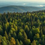 Zöld erdő teljes nézetben, hegyekkel a háttérben