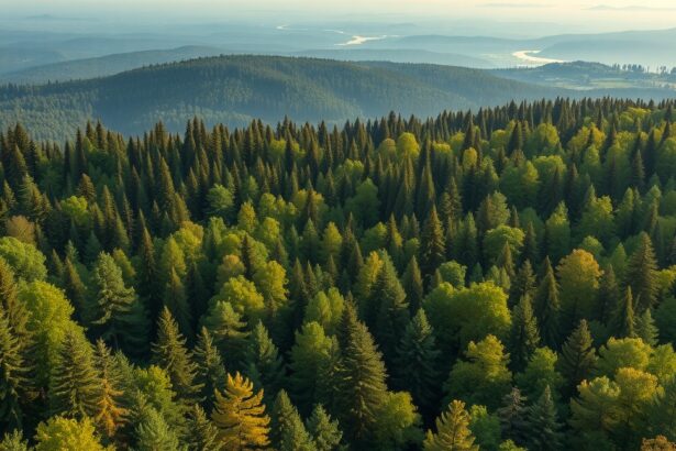 Zöld erdő teljes nézetben, hegyekkel a háttérben