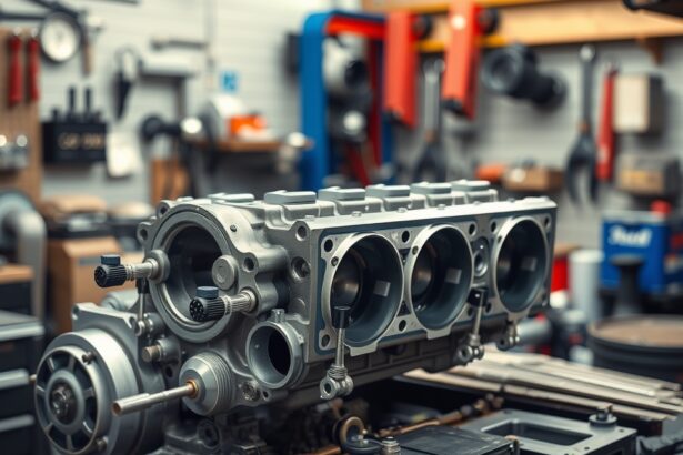 Felújított hengerfej az autószerelő műhelyben