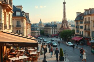 Párizsi utca, Eiffel-torony a háttérben, délutáni fényben.