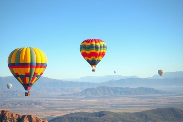 Színes hőlégballonok a hegyek felett, szép tájjal