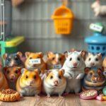 Hörcsögök különböző árakkal és élelemmel egy ketrecben