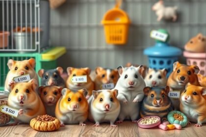 Hörcsögök különböző árakkal és élelemmel egy ketrecben