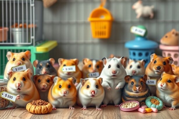 Hörcsögök különböző árakkal és élelemmel egy ketrecben