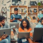 Fiatalok internetről dolgoznak, pénzszórás közben.