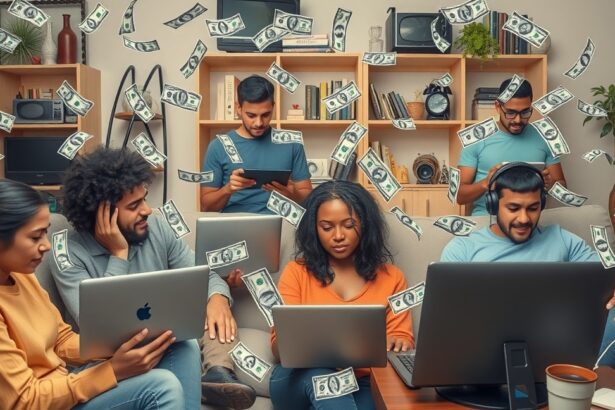 Fiatalok internetről dolgoznak, pénzszórás közben.