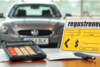 Számológép és forgalomból kivonás dokumentum autóval a háttérben.