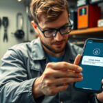 Férfi iPhone-t függetlenít a műhelyben, a háttérben szerszámok.