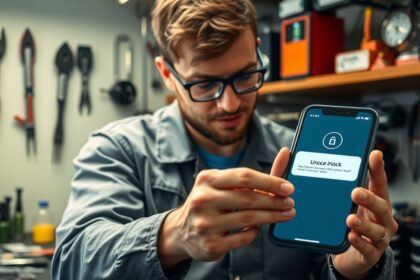 Férfi iPhone-t függetlenít a műhelyben, a háttérben szerszámok.