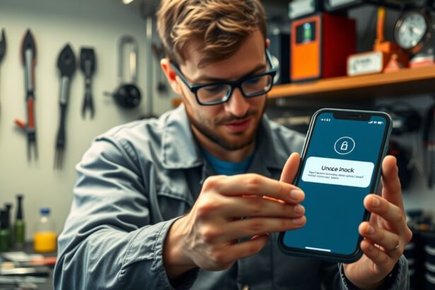 Férfi iPhone-t függetlenít a műhelyben, a háttérben szerszámok.