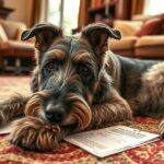 Egy ír farkaskutya pihen az otthon kényelmében, dokumentumokkal a padlón.