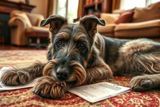 Egy ír farkaskutya pihen az otthon kényelmében, dokumentumokkal a padlón.