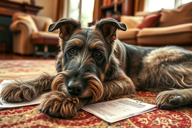 Egy ír farkaskutya pihen az otthon kényelmében, dokumentumokkal a padlón.