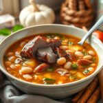 Ízletes csülkös bableves tálban friss zöldségekkel