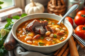 Ízletes csülkös bableves tálban friss zöldségekkel