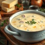 Ízletes sajtkémleves tálalva friss fűszerekkel és kenyérrel.