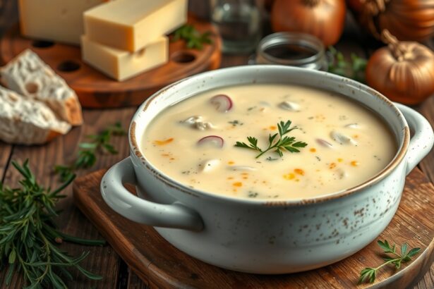 Ízletes sajtkémleves tálalva friss fűszerekkel és kenyérrel.