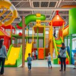 Színes játszóház gyerekeknek, csúszdák és mászófalak.