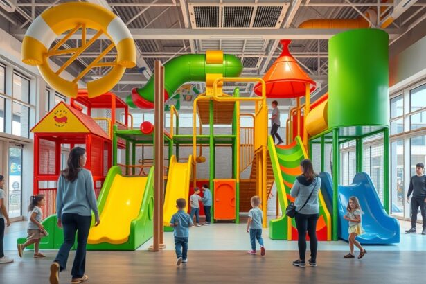 Színes játszóház gyerekeknek, csúszdák és mászófalak.