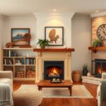 Modern kandalló a nappaliban, kényelmes bútorokkal és meleg hangulattal.