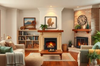 Modern kandalló a nappaliban, kényelmes bútorokkal és meleg hangulattal.