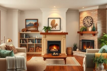 Modern kandalló a nappaliban, kényelmes bútorokkal és meleg hangulattal.