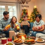 Egy boldog négytagú család ajándékokat bontogat az ünnepi karácsonyi asztalnál.