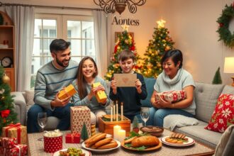 Egy boldog négytagú család ajándékokat bontogat az ünnepi karácsonyi asztalnál.