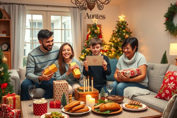 Egy boldog négytagú család ajándékokat bontogat az ünnepi karácsonyi asztalnál.