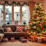 Karácsonyfa díszítés ünnepi dekorációval és ajándékokkal.