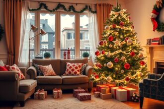 Karácsonyfa díszítés ünnepi dekorációval és ajándékokkal.