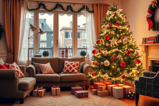 Karácsonyfa díszítés ünnepi dekorációval és ajándékokkal.