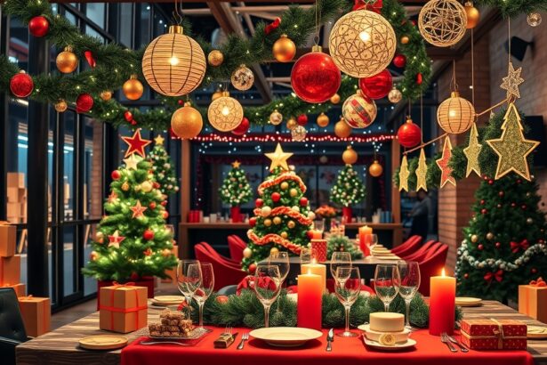 Karácsonyi dekoráció céges bulihoz, ünnepi asztal és fenyőfák.