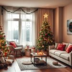 Karácsonyi dekoráció a lakásban, kényelmes nappali hangulatban.
