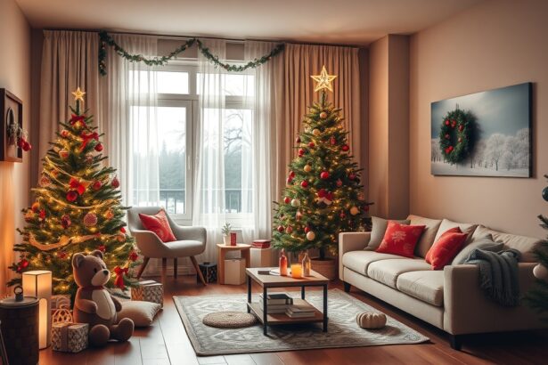 Karácsonyi dekoráció a lakásban, kényelmes nappali hangulatban.