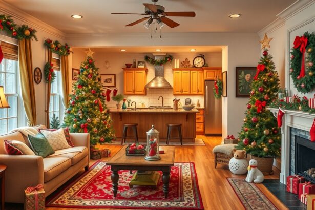 Karácsonyi dekorációval díszített lakás karácsonyfa és ünnepi hangulat.