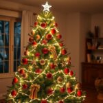 Karácsonyfadíszítés világító fényekkel és díszekkel.