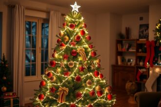 Karácsonyfadíszítés világító fényekkel és díszekkel.