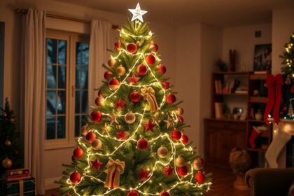 Karácsonyfadíszítés világító fényekkel és díszekkel.