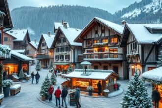 Adventi vásár festői osztrák faluban havas tájban