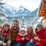 Család karácsonyi utazás közben a hóval borított hegyekben.