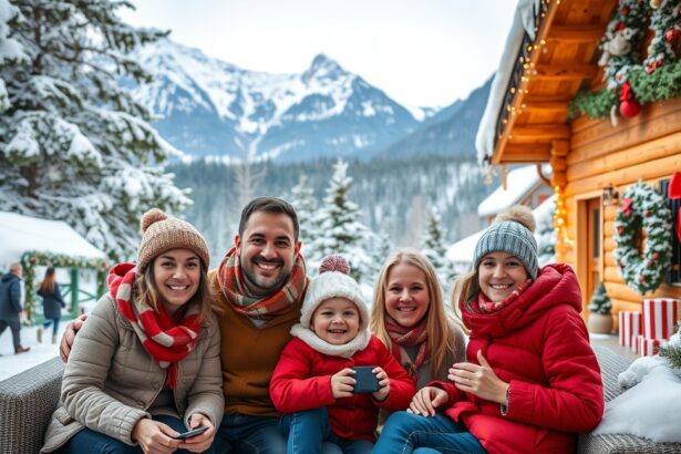 Család karácsonyi utazás közben a hóval borított hegyekben.