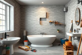 Modern fürdőszoba felújítási projekt eszközökkel és anyagokkal.