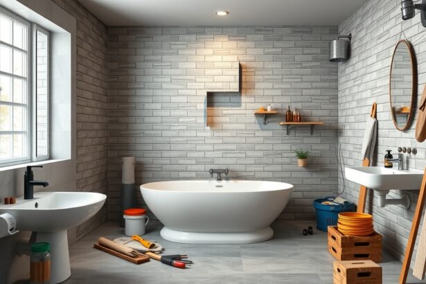 Modern fürdőszoba felújítási projekt eszközökkel és anyagokkal.