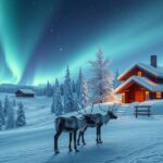 Mesés téli táj Lappföldön, rénszarvasokkal és északi fényekkel.