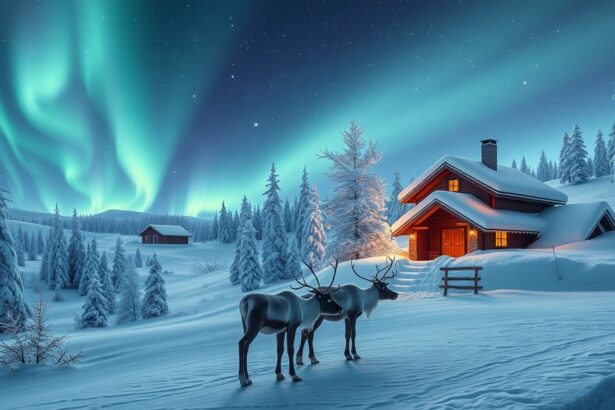Mesés téli táj Lappföldön, rénszarvasokkal és északi fényekkel.