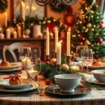 Karácsonyi vacsora otthon, ünnepi asztal díszítéssel.